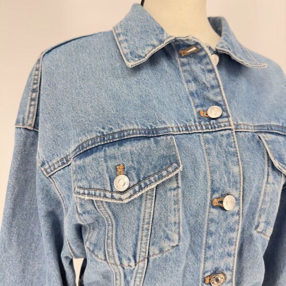 Zara Women's Short Denim Jacket Size Small Long Sleeve Raw Edges 100% Cotton - Picture 7 of 9